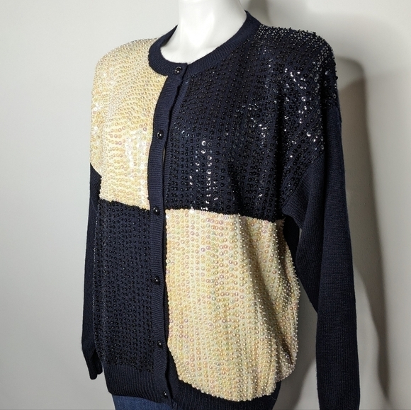 Vintage Regency Collection black white blue sequin cardigan sweater L - Picture 2 of 8